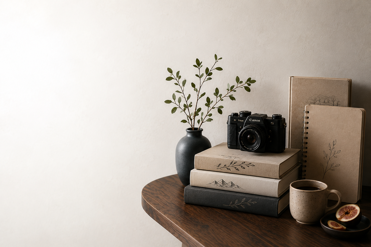 Still life with black vase, branches, books, camera, cup, and notebook on a dark wood table