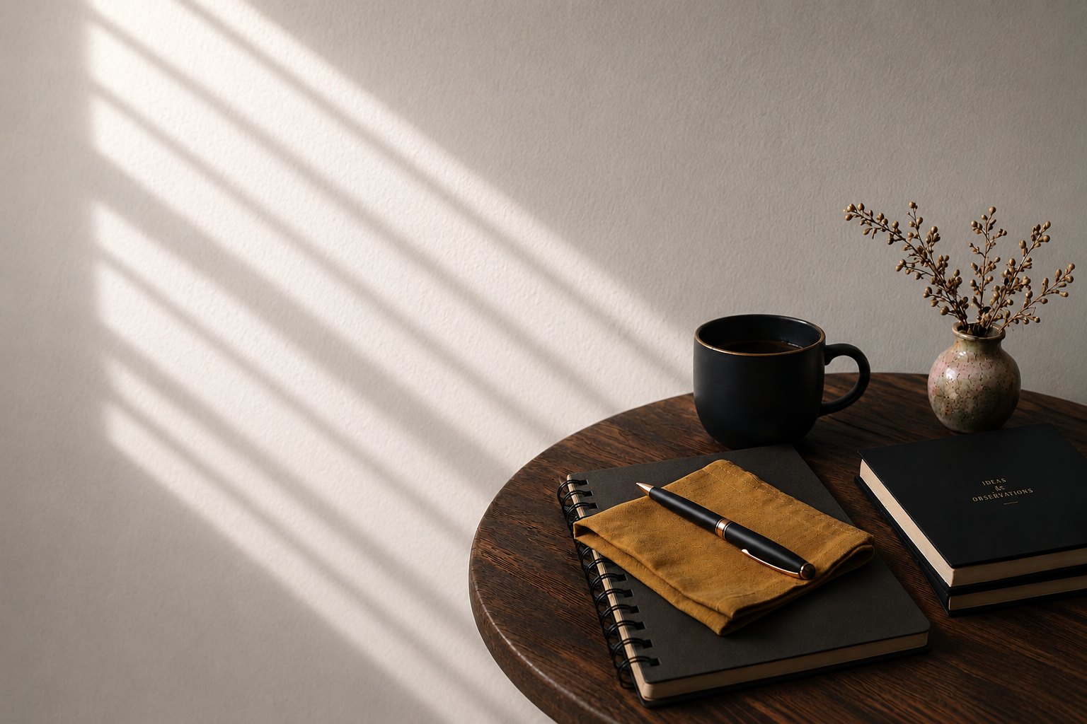 Dark mug, vase, books, notebook, and pen on a wooden table with soft light across the wall