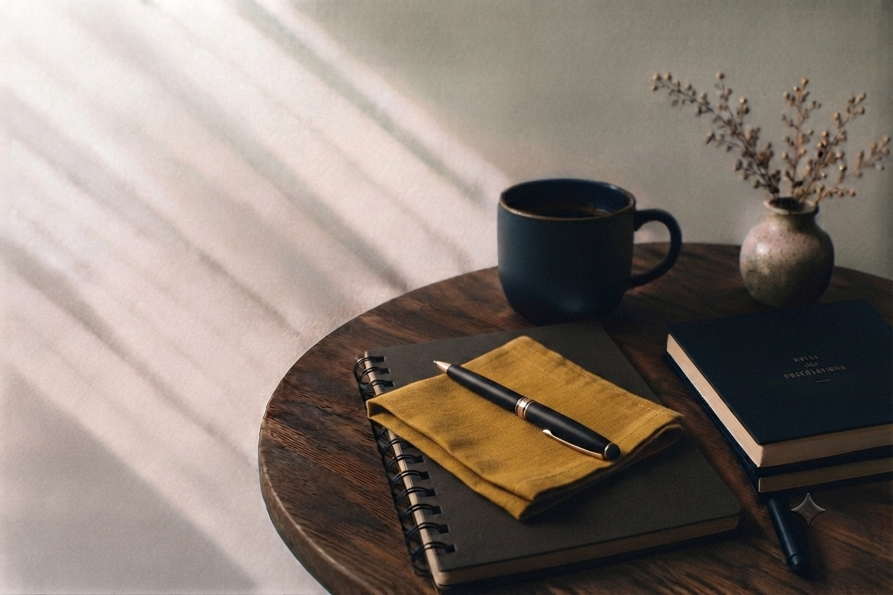 Dark mug, vase, books, notebook, and pen on a wooden table with soft light across the wall