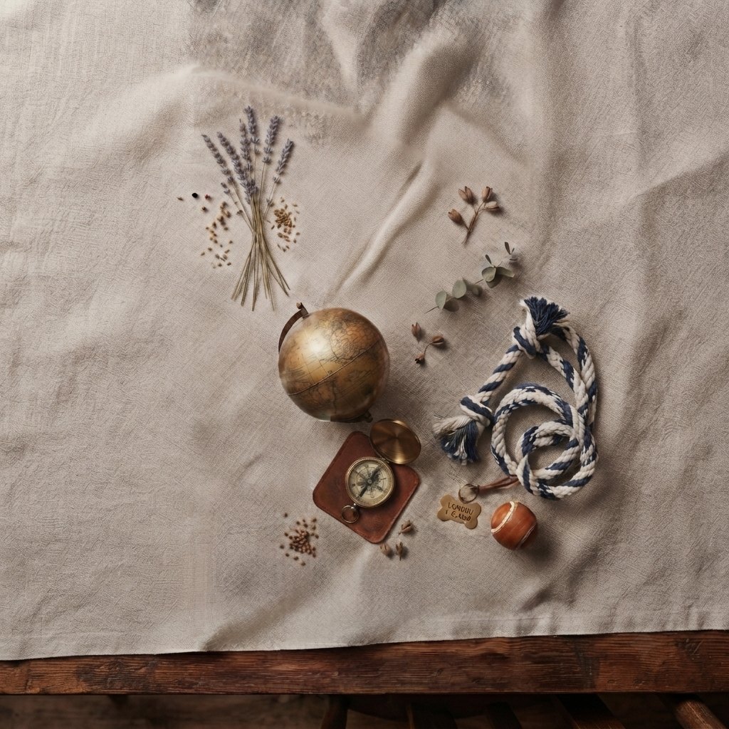 Exploratory still life with travel objects on fabric