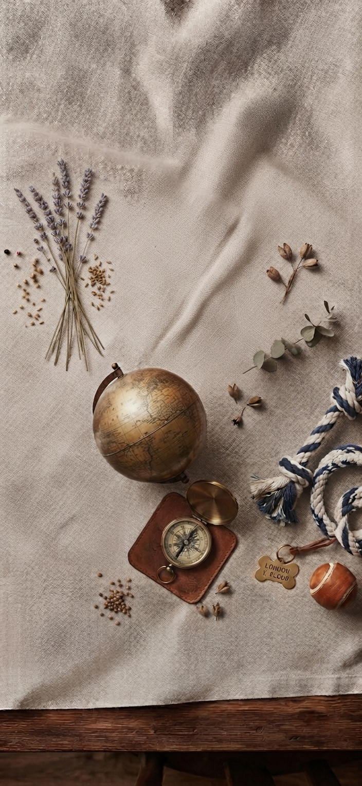Exploratory still life with travel objects on fabric