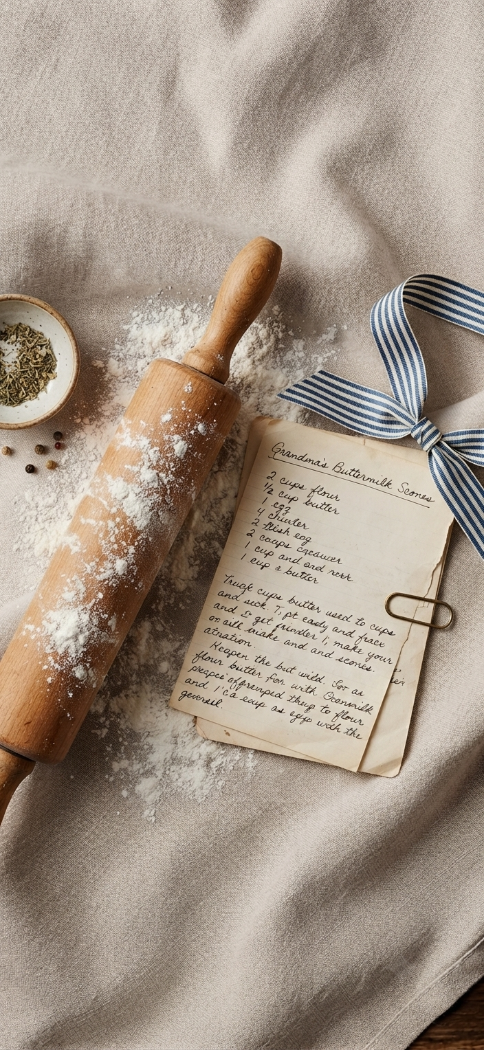 Recipe still life with handwritten card, ribbon, rolling pin, and flour