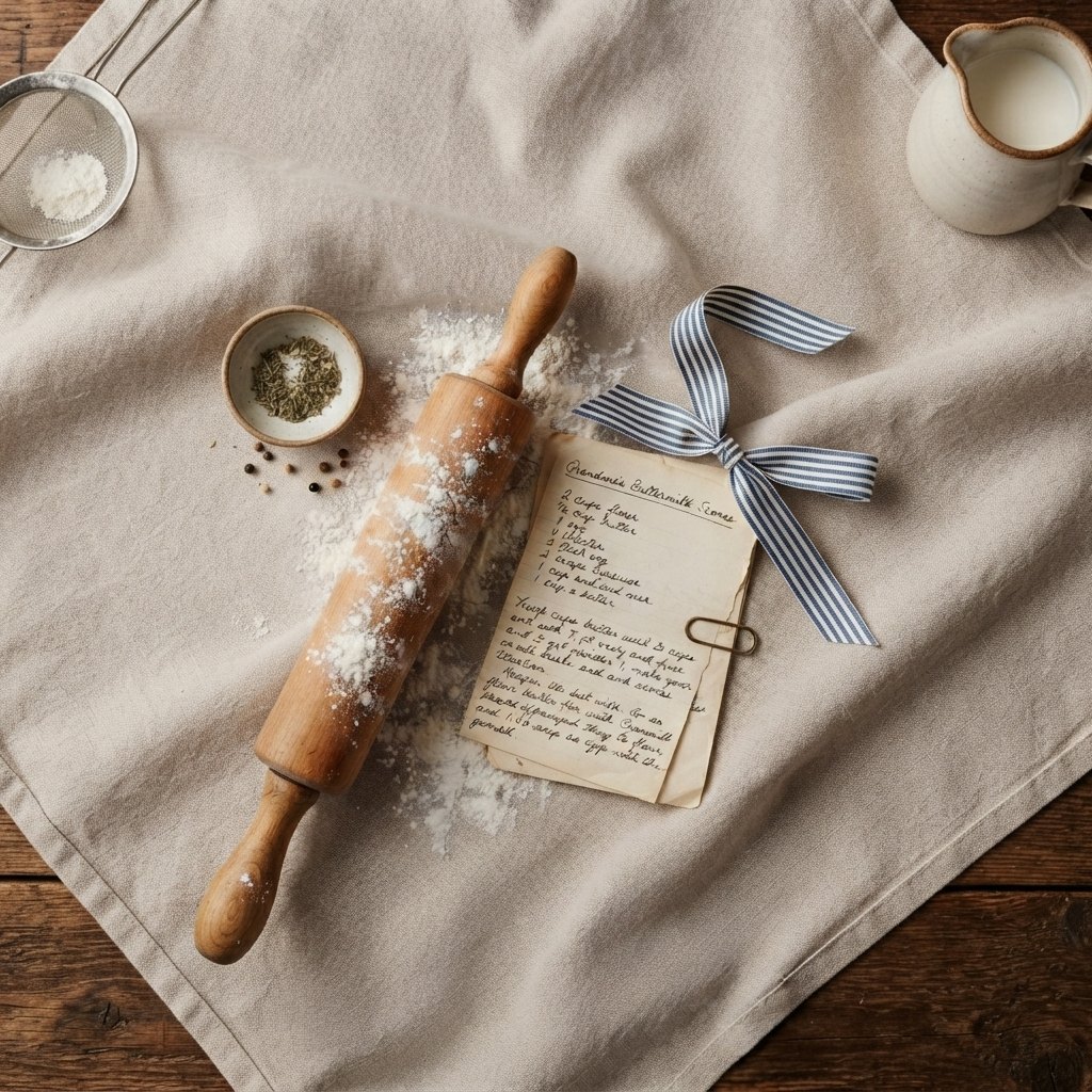 Recipe still life with handwritten card, ribbon, rolling pin, and flour
