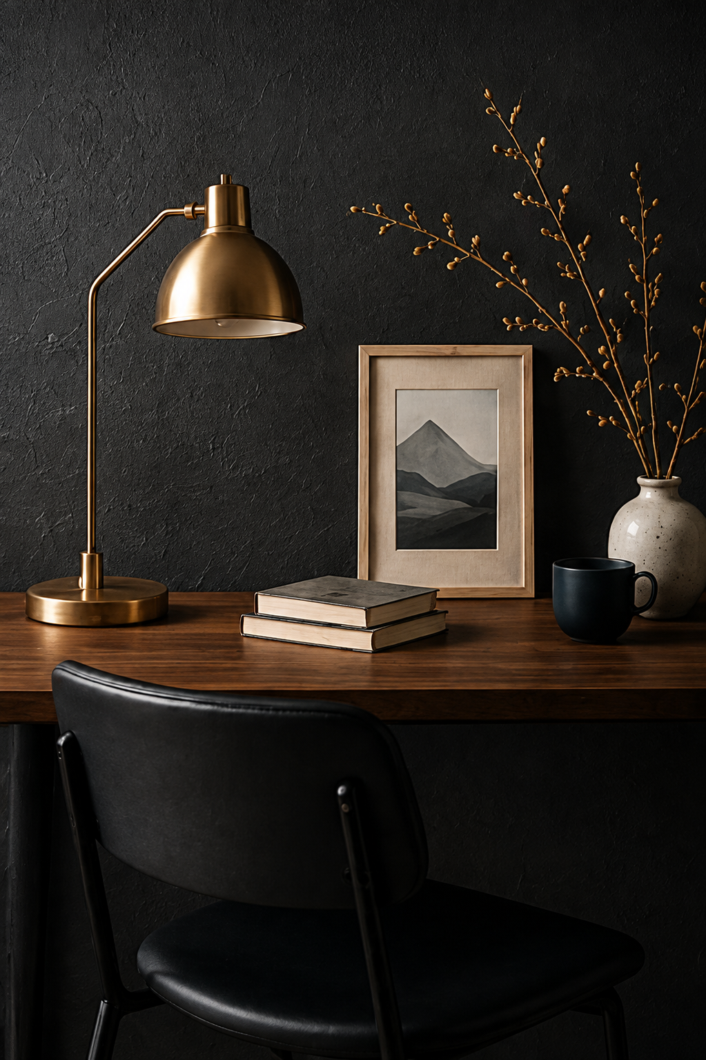 Brass lamp, framed landscape, branches, desk, mug, and chair against a dark navy wall